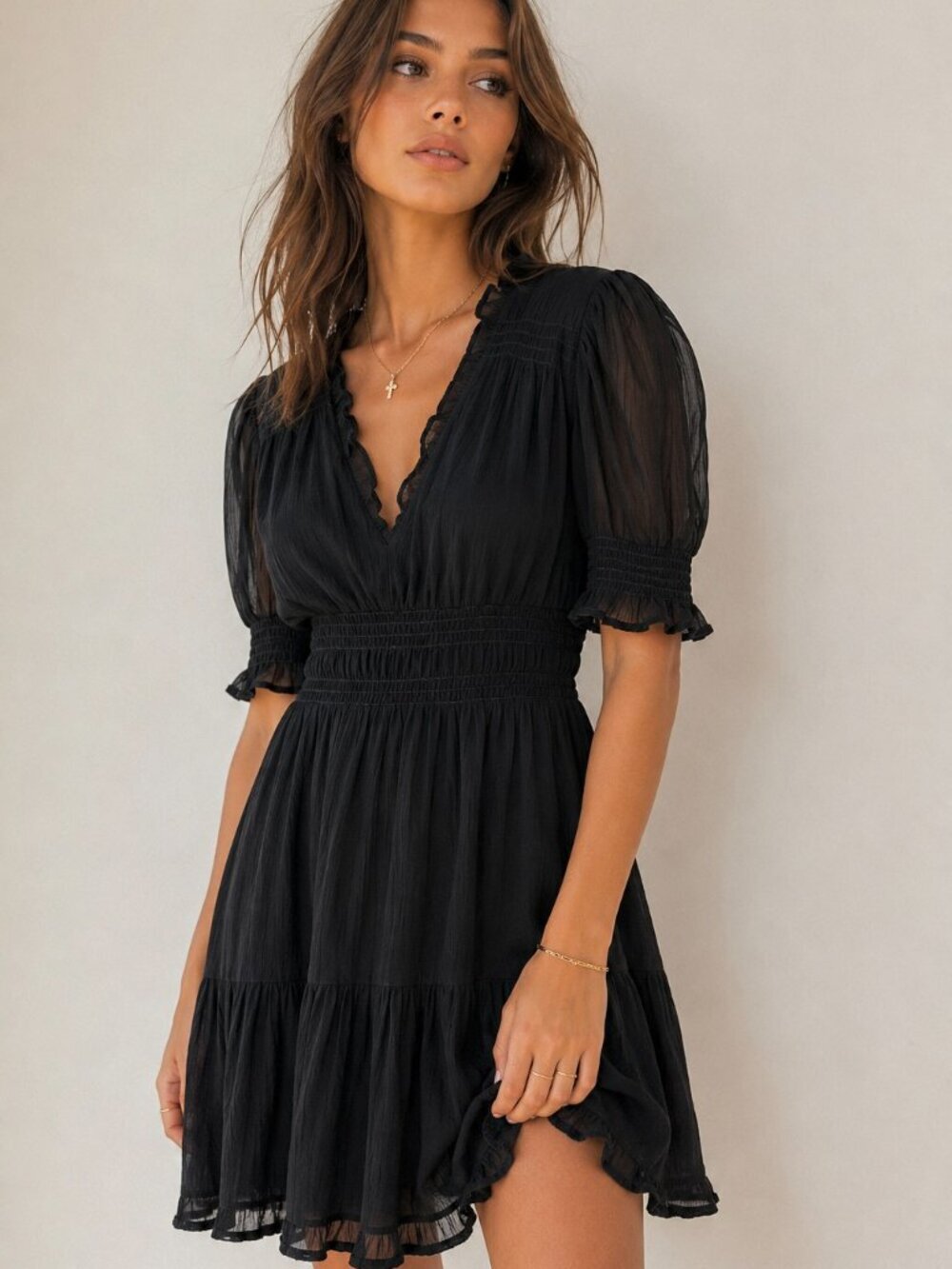 AllSaints Via Black Mini Dress Sheer Puff Sleeve Romantic V-Neck Boho 2